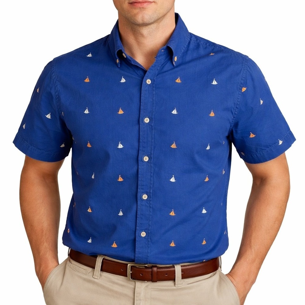 Denim & Flower Ricky Singh Shirt Large Nautical Sailboats‎ Slim Fit Blue